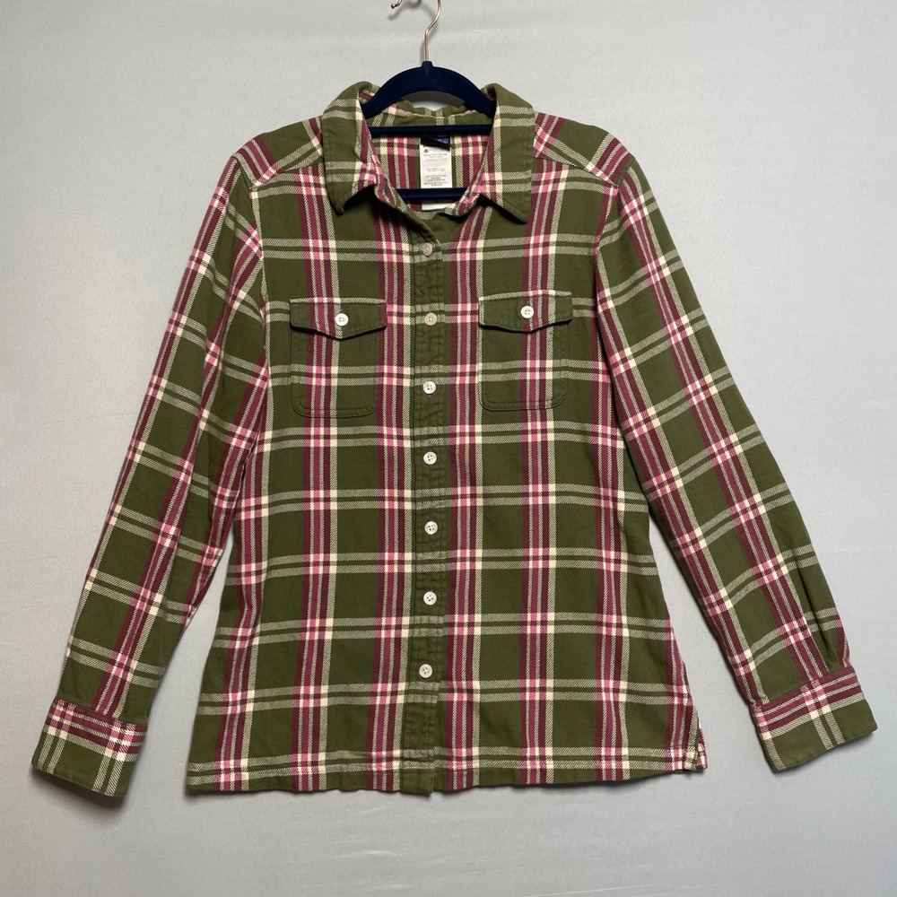 Patagonia Organic Cotton Fjord Flannel Plaid Shirt Womens Size 4 Green Pink‎
